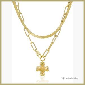 Gold Plated Chunky Cross Pendant Necklace Set Paperclip Herringbone Chain